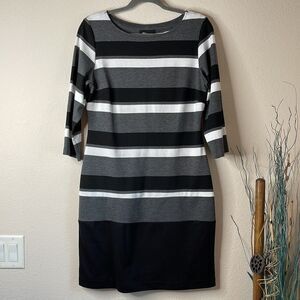 RN Studio Striped Sheath Dress Black Gray 3 4 Sleeve Knee Length Stretch Size 12